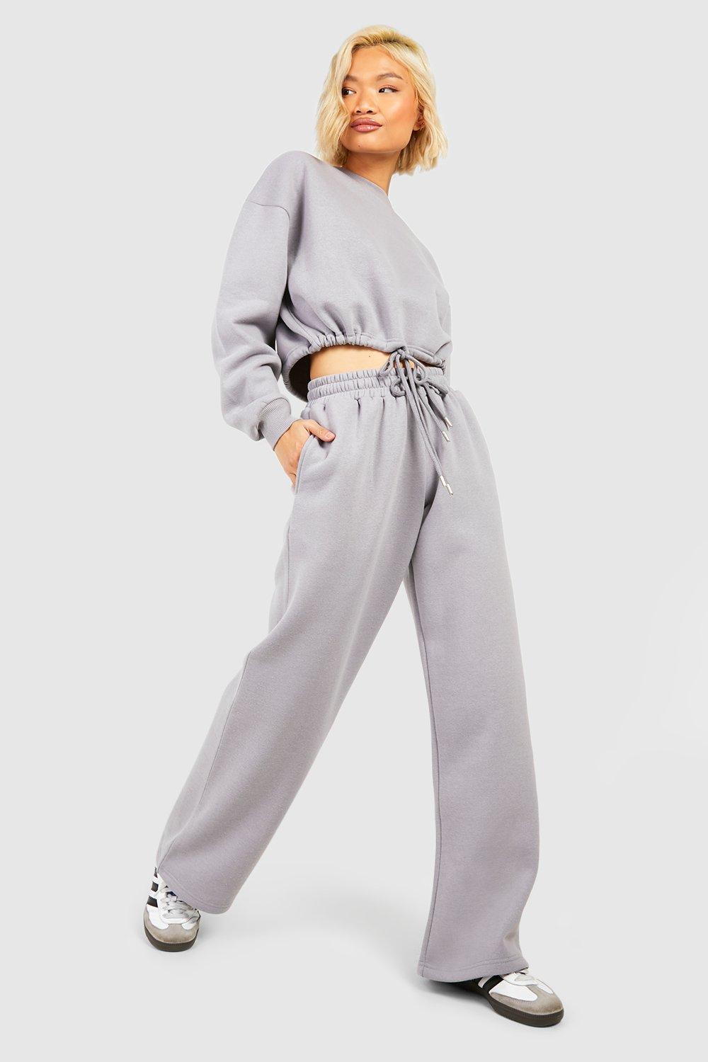 Womens Cropped Drawstring Sweatshirt Straight Leg Jogger Tracksuit - Grey - M, Grey